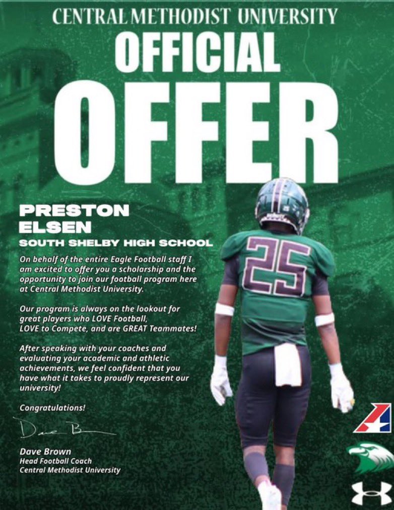 #AGTG after and amazing conversation with <a href="/AllenDiesalmanj/">Jameson Allen</a> I am blessed to receive my first offer from <a href="/cmueaglesFB/">Central Methodist Football</a> 

<a href="/Gunny4151/">Adam Gunterman</a> <a href="/coachcparman/">Carl Parman</a> <a href="/ChrisDuerr/">Chris Duerr</a> <a href="/CoachDaveBrown/">Dave Brown</a> <a href="/JPRockMO/">JP Rock</a> <a href="/MuddyRiverSport/">Muddy River Sports</a> <a href="/Broxton71/">Nick Broughton</a>