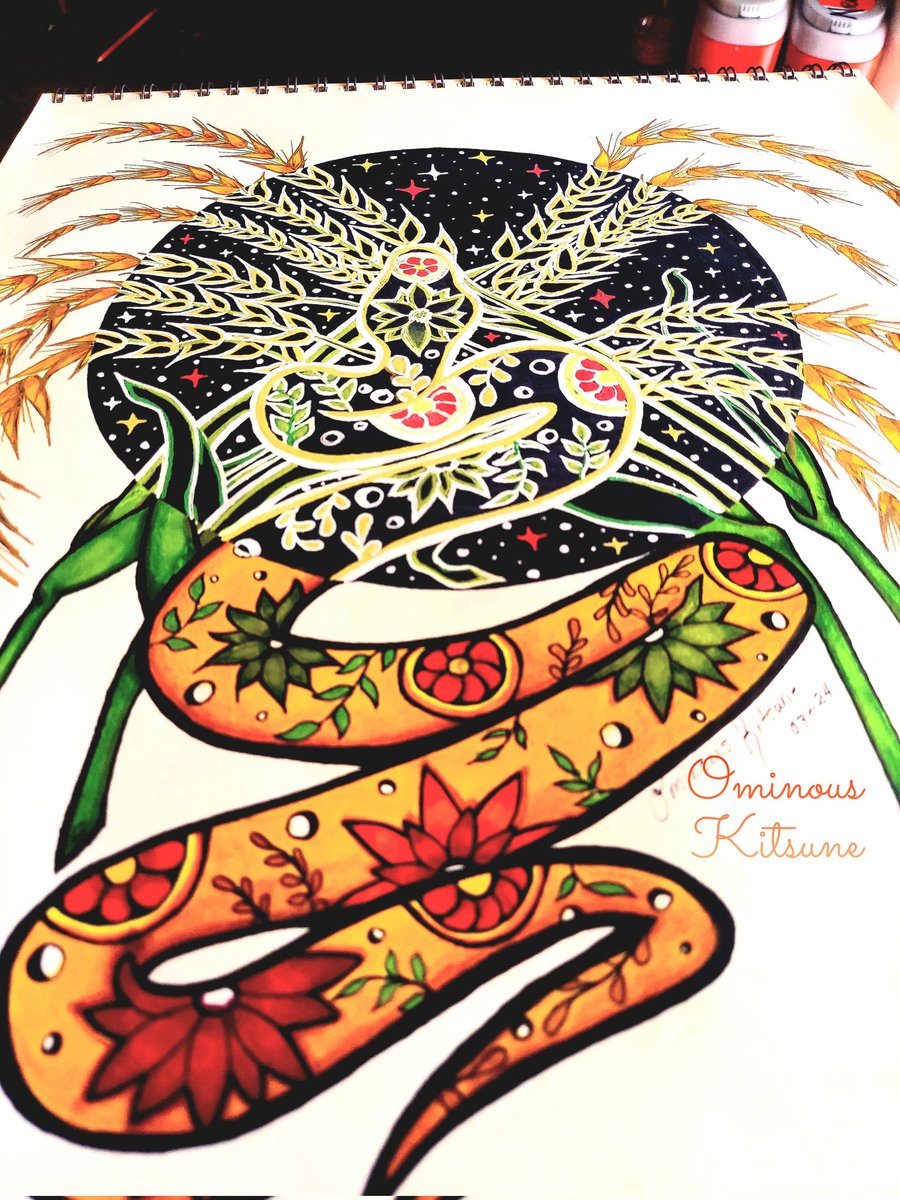_OminousKitsune's tweet photo. Harvest Moon
✨️🌿🌾🌙🌾🌿✨️
Finally Finished!
My favorite so far 😊
✨️🌾💛🧡❤️🌾✨️
For Sale
#harvestmoon #snakedrawing #moonart
#witchydrawing #witchart #witchythings #WIP #wip #wipart #artistsofinstagram #artbyme #art #artistsagainstai #artistsontwitter https://t.co/A9nycc2scI