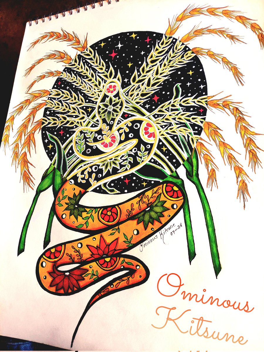 _OminousKitsune's tweet photo. Harvest Moon
✨️🌿🌾🌙🌾🌿✨️
Finally Finished!
My favorite so far 😊
✨️🌾💛🧡❤️🌾✨️
For Sale
#harvestmoon #snakedrawing #moonart
#witchydrawing #witchart #witchythings #WIP #wip #wipart #artistsofinstagram #artbyme #art #artistsagainstai #artistsontwitter https://t.co/A9nycc2scI