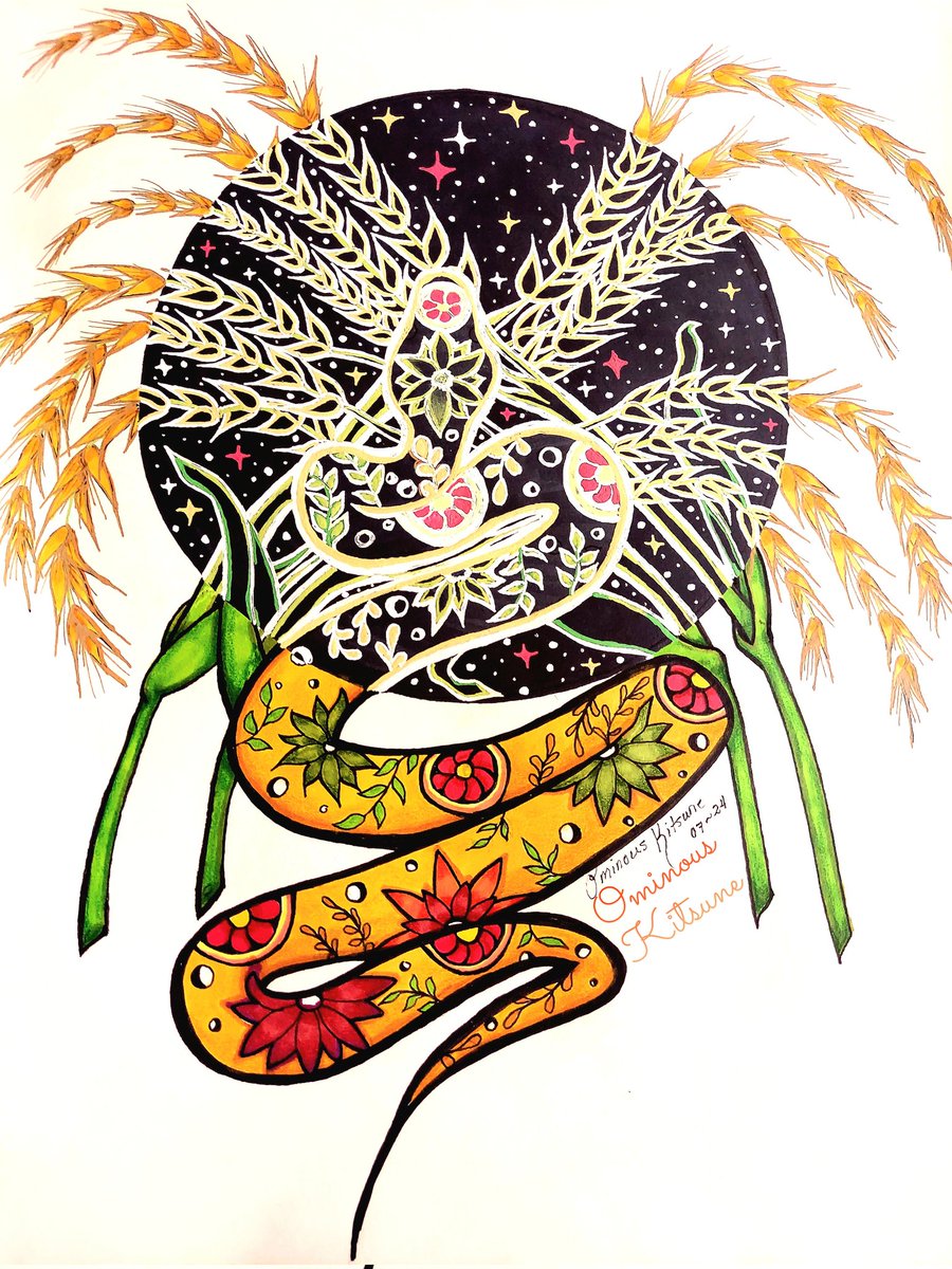 _OminousKitsune's tweet photo. Harvest Moon
✨️🌿🌾🌙🌾🌿✨️
Finally Finished!
My favorite so far 😊
✨️🌾💛🧡❤️🌾✨️
For Sale
#harvestmoon #snakedrawing #moonart
#witchydrawing #witchart #witchythings #WIP #wip #wipart #artistsofinstagram #artbyme #art #artistsagainstai #artistsontwitter https://t.co/A9nycc2scI