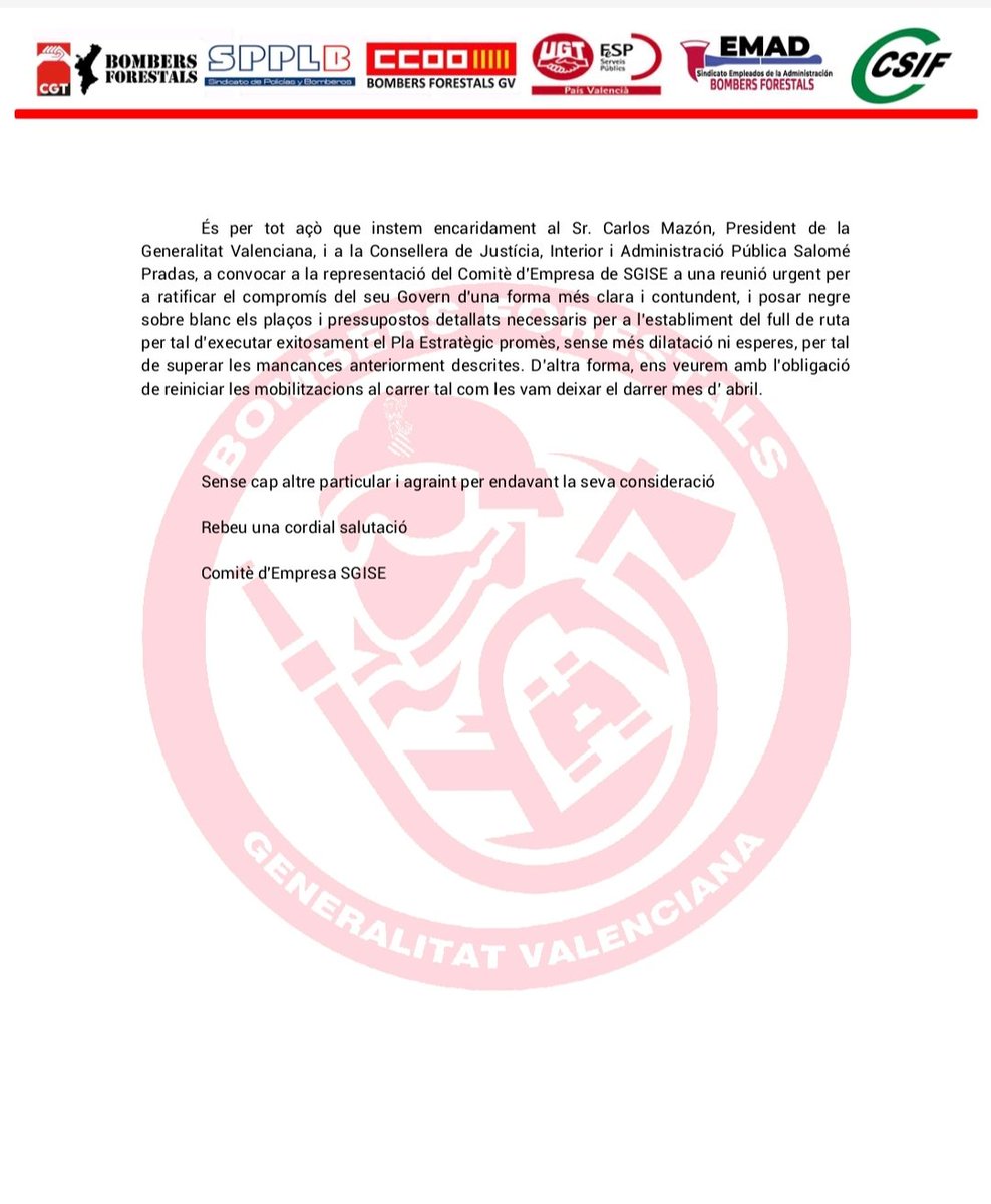 Esperant des d'abril, canvi de govern inclós. El sr president @carlos_mazon_ per a convocar a Lo Rat Penat no té problema, per a preocupar-se per la situació dels Bombers/es Forestals ja és un altre tema. Sr <a href="/salomepradas/">Salomé Pradas Ten</a> vosté q diu? <a href="/compromis/">Compromís</a> <a href="/SocialistesVal/">PSPV-PSOE</a> <a href="/apuntnoticies/">À Punt NTC</a>