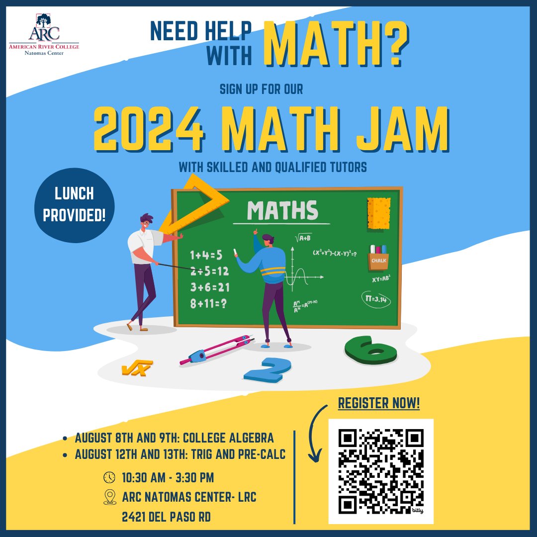 ARCNatomas's tweet image. Remember to sign up for Math Jam at the Natomas Center! Math Jam is a free event designed to boost your math skills and prepare you for your next math course! 🎉 Lunch provided! Sign up using the link in our bio 😊 #MathJam #StudentEvent