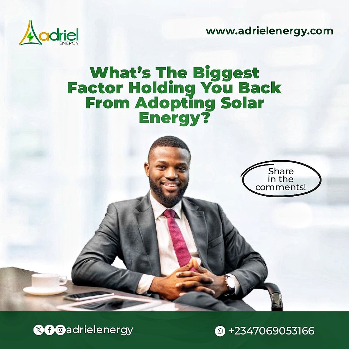 AdrielEnergy's tweet photo. What's stopping you from making the switch to solar energy?

 Share your concerns with us! 

At Adriel Energy, we're here to help you overcome any obstacles and make your solar journey seamless.

Reach out today at +234 706 905 3166 or visit https://t.co/dJACkLx8Nj to learn more! https://t.co/RYiQUajmoY