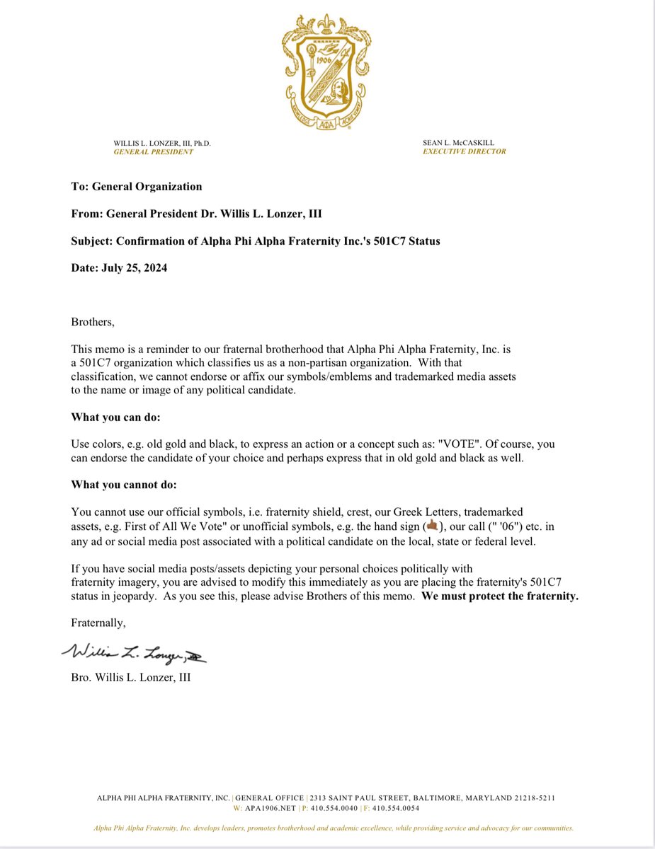General President Dr. Willis L. Lonzer, III offers confirmation of Alpha Phi Alpha Fraternity Inc.'s 501C7 Status

Please share.

#APA1906Network 
#MenOfDistinction
