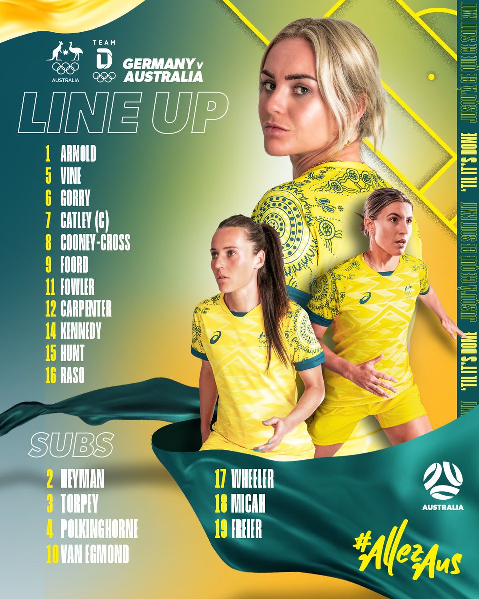 STARTING XI 🗒

Here's how we line up for our opening game of #Paris2024 👊

⏰: 3:00am AEST
📺💻📱: Channel 9, 9Now &amp; Stan Sport

#Matildas #TilitsDone #AllezAUS #Olympics
