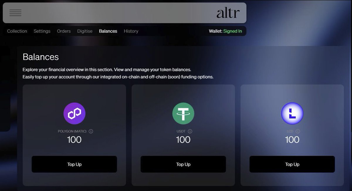 Lucidao_'s tweet photo. 🚀 We're gearing up for the release of our marketplace, where you'll have access to rare collectibles! 

We've added a new feature to profiles where you can top up with relevant for Altr currencies. The buttons link to @jumperapp, with filters set for each currency. This helps bring funds from any of the 20+ chains Jumper supports to @0xPolygon. 🌉

This is another step toward making Altr a completely chain-agnostic dApp for real-world assets! 🌐