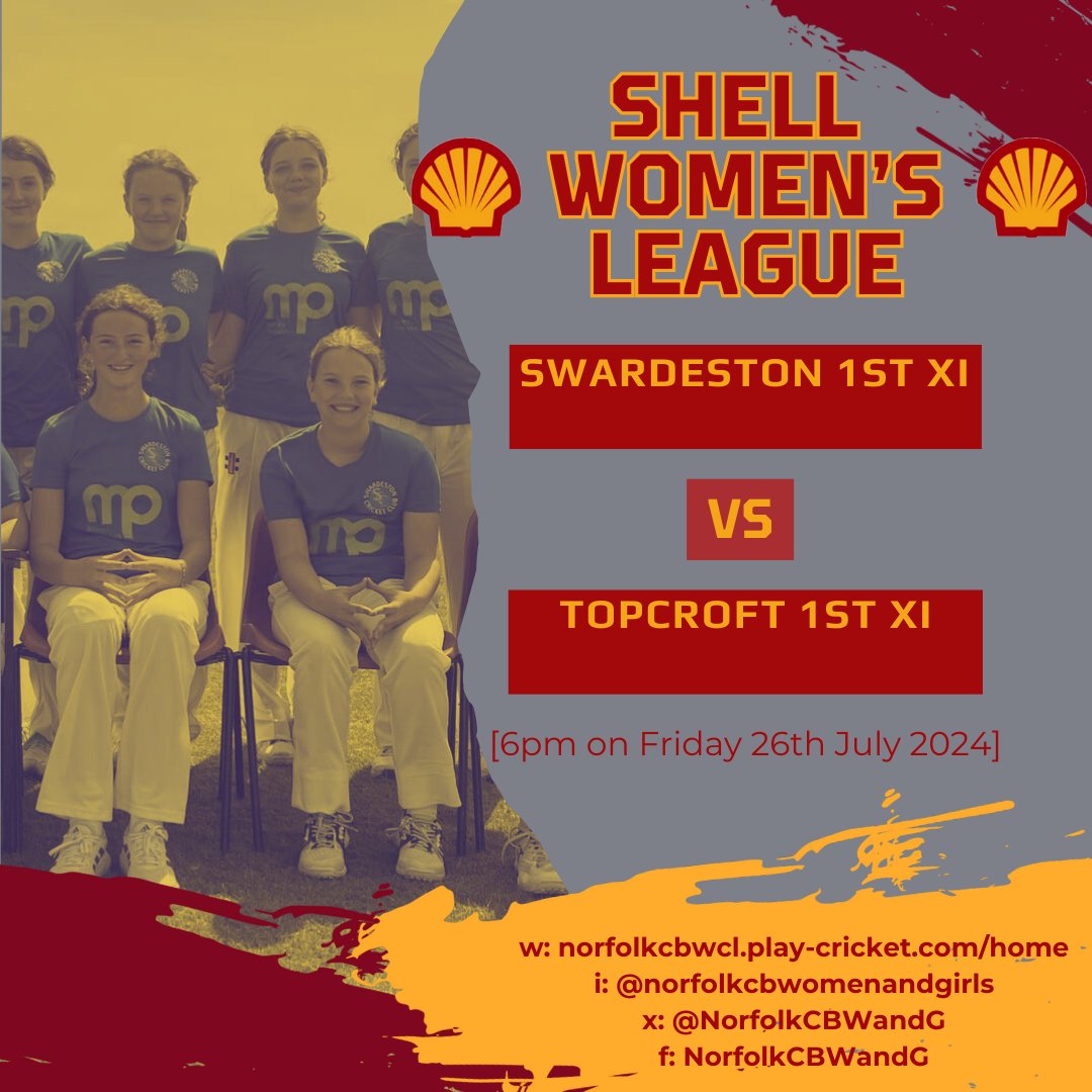 Norfolk Cricket Foundation - Women & Girls (@norfolkcbwandg) on Twitter photo 👱♀️Fixtures: Shell League👱♀️
We have one game scheduled this weekend
Friday 26th July
🏏 <a href="/swardestoncc/">Swardeston CC</a> v <a href="/topcroftcc/">Topcroft CC</a>
#WomensCricket #ShellLeague #LeagueCricket #HardballCricket #WeGotGame #TakeHerLead #HerGameToo #NorfolkCricket @NorfolkCB <a href="/topcroftccwg/">Topcroftwgcc</a> <a href="/Shell_UKLtd/">Shell UK</a> <a href="/Shell/">Shell</a> 👱♀️Fixtures: Shell League👱♀️
We have one game scheduled this weekend
Friday 26th July
🏏 <a href="/swardestoncc/">Swardeston CC</a> v <a href="/topcroftcc/">Topcroft CC</a>
#WomensCricket #ShellLeague #LeagueCricket #HardballCricket #WeGotGame #TakeHerLead #HerGameToo #NorfolkCricket @NorfolkCB <a href="/topcroftccwg/">Topcroftwgcc</a> <a href="/Shell_UKLtd/">Shell UK</a> <a href="/Shell/">Shell</a>