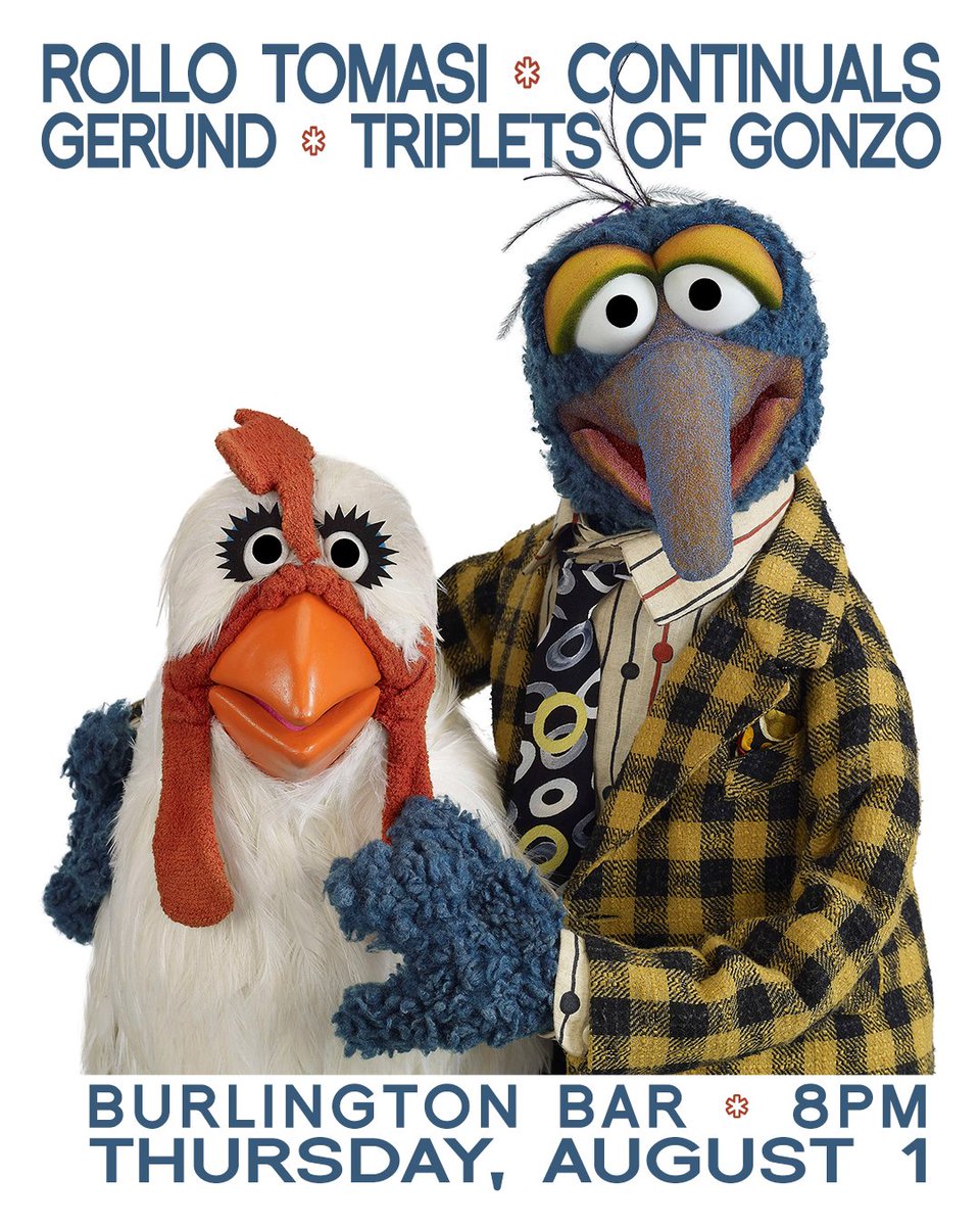 Next Thursday! We're playing <a href="/burlingtonbar/">burlington bar</a> with Continuals (DC), Gerund, and Gonzo Trio -Triplets of Gonzo on August 1. Beat the heat with some musical treats. You know you wanna. Presented by @mpshows. Tickets <a href="/TicketWeb/">TicketWeb US</a>. Do it! Do it!