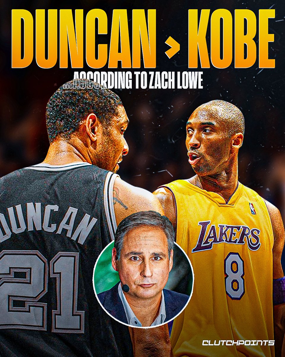 ClutchPoints's tweet photo. Thoughts on this take from Zach Lowe?

Tim Duncan:
🔸 Naismith Hall of Fame
🔸 5x NBA champion
🔸 3x NBA Finals MVP
🔸 2x NBA MVP
🔸 15x NBA All-Star
🔸 NBA All-Star Game co-MVP (2000)
🔸 15x All-NBA Teams
🔸 15x All-Defensive Teams
🔸 1998 Rookie of the Year
🔸 NBA 75th Anniversary Team

Kobe Bryant:
🔸 Naismith Hall of Fame
🔸 5x NBA champion
🔸 2x NBA Finals MVP
🔸 2008 NBA MVP
🔸 18x NBA All-Star
🔸 4× NBA All-Star Game MVP
🔸 15x All-NBA Teams
🔸 12x All-Defensive Teams
🔸 1997 Slam Dunk Champion
🔸 NBA 75th Anniversary Team
