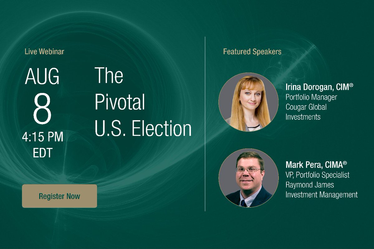 CougarGlobal's tweet photo. LIVE WEBINAR: Join us at 4:15 p.m. (Eastern) on Aug. 8 as Cougar Global Investments Portfolio Manager Irina Dorogan, CIM®, explores the potential impacts of possible electoral outcomes on markets and investors. 

Register here: https://t.co/k6hQSDUDw8 https://t.co/dvPmAZQOdR