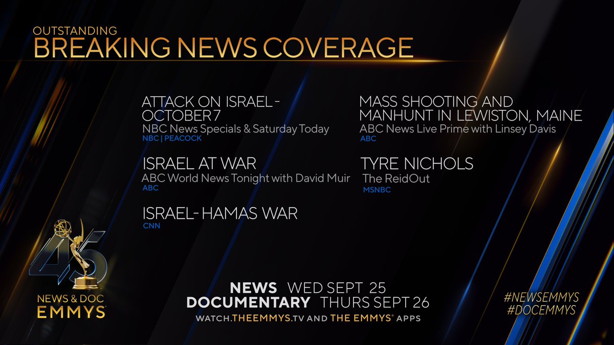newsemmys's tweet photo. The #NewsEmmys Nominees for Breaking News Coverage are:
- Attack on Israel - October 7 (@NBC @peacock)
- Israel at War | @ABCWorldNews
- Israel-Hamas War (@CNN)
- Mass Shooting and Manhunt in Lewiston, Maine | @abcnews
- Tyre Nichols | The ReidOut (@MSNBC) https://t.co/C73y1NarrY