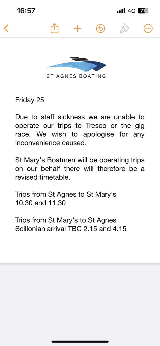 Friday 25 

Due to staff sickness we are unable to operate our trips to Tresco or the gig race. We wish to apologise for any inconvenience caused. 

St Mary's Boatmen will be operating trips on our behalf there will therefore be a revised timetable.