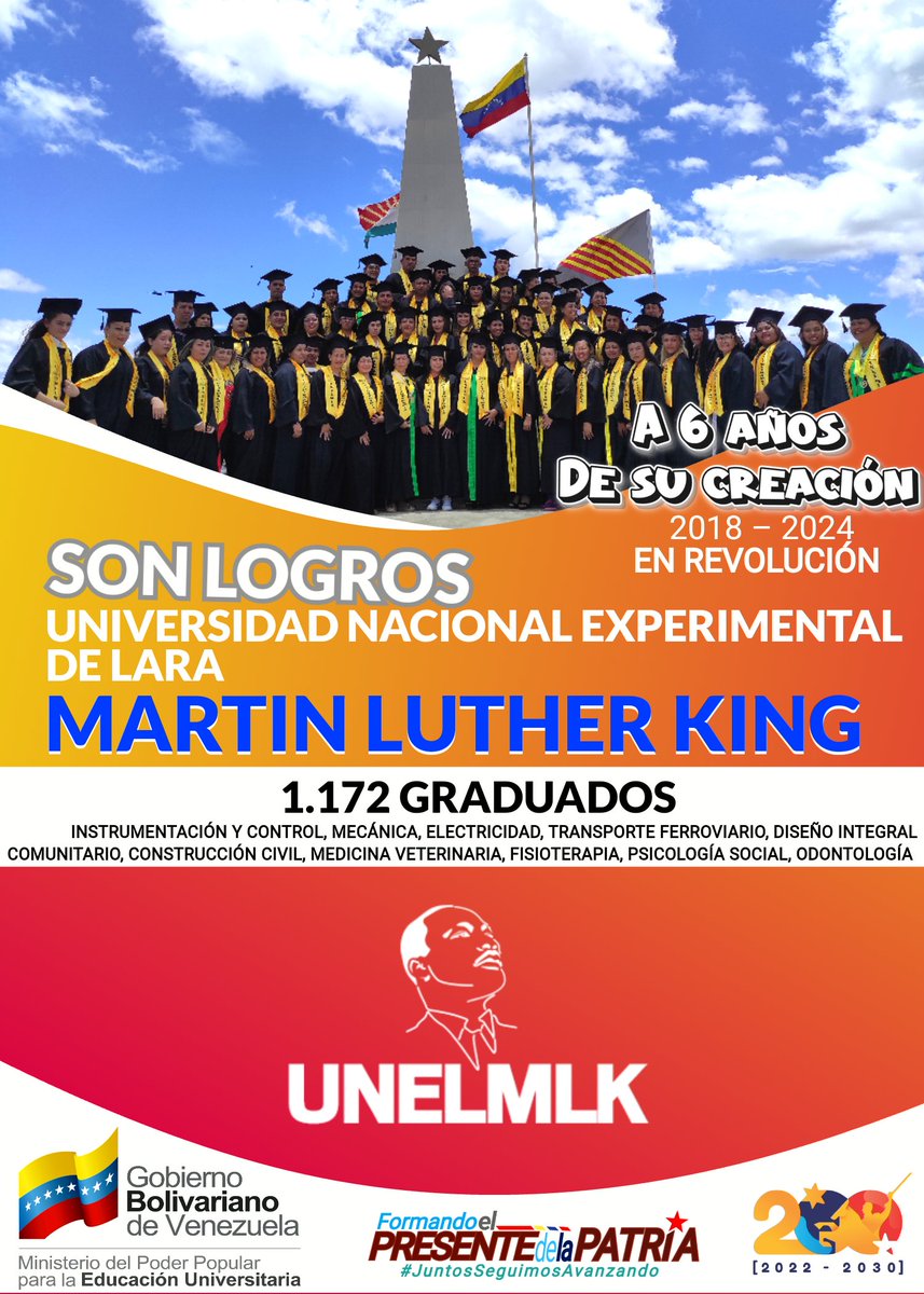#SonLogros
 A #6años de creación de la Universidad Nacional Experimental de Lara Martin Luther King en revolución hemos graduado 1.172 Nuevos Profesionales.
 #UniversitariosConElGalloPinto
<a href="/NicolasMaduro/">Nicolás Maduro</a> <a href="/sandraoblitasr/">Sandra Oblitas Ruzza</a> <a href="/MPPEU_Ve/">MPPEU_Ve</a>