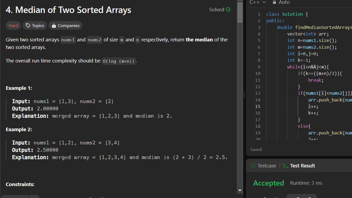 deepanshu_Codes's tweet image. Day 19 of DSA: Not feeling well, so productivity is down. Should I worry about finding a solution to do this in O(log(n+m)) when I'm currently doing it in O(n+m)? 🤔 #CodingChallenges #AlgorithmOptimization #DSA