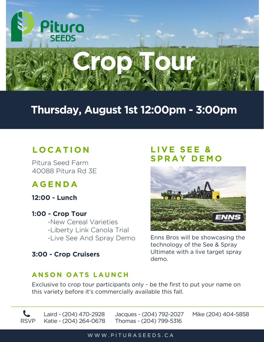 🚜 Join us on August 1st at noon for an exciting crop tour! 🌾 Discover the latest cereal varieties, check out our LibertyLink canola trial and don't miss the <a href="/JohnDeere/">John Deere USA</a> See and Spray live demo with <a href="/ennsbros/">Enns Brothers</a>!  
#CropTour #AgInnovation #AgTech #Agronomy