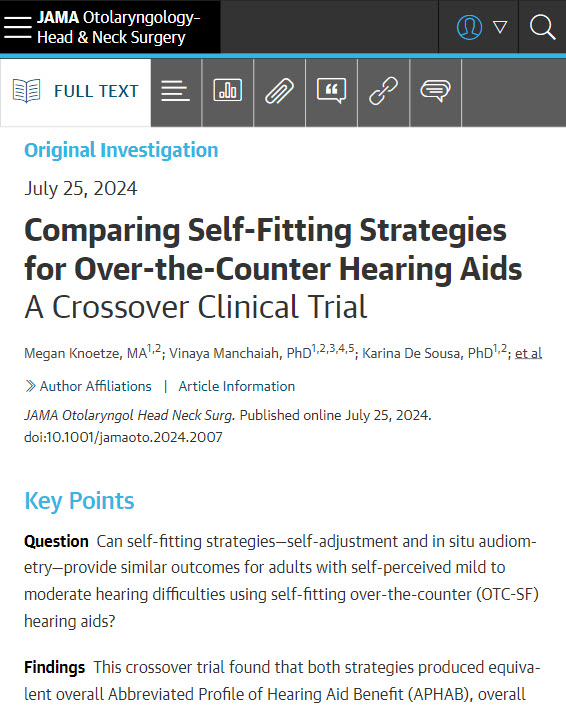 In this clinical trial of over-the-counter self-fitting hearing aids, self-adjustment and in situ audiometry strategies resulted in similar outcomes. However, self-adjustment may produce higher satisfaction and longer daily use. ja.ma/4bYwBhB