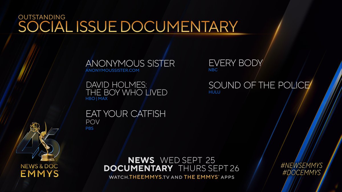 News & Documentary Emmys (@newsemmys) on Twitter photo The #DocEmmys Nominees for Social Issue Documentary are:
- Anonymous Sister <a href="/AnonSisterFilm/">Anonymous Sister</a> (anonymoussister.com)
- David Holmes: The Boy Who Lived (<a href="/HBO/">HBO</a> <a href="/StreamOnMax/">Actually HBO Max</a>)
- <a href="/EatYourCatfish/">Eat Your Catfish | documentary</a> | POV (<a href="/PBS/">PBS</a>)
- Every Body (<a href="/NBC/">NBC Entertainment</a>)
- Sound of the Police (<a href="/hulu/">Hulu</a>) The #DocEmmys Nominees for Social Issue Documentary are:
- Anonymous Sister <a href="/AnonSisterFilm/">Anonymous Sister</a> (anonymoussister.com)
- David Holmes: The Boy Who Lived (<a href="/HBO/">HBO</a> <a href="/StreamOnMax/">Actually HBO Max</a>)
- <a href="/EatYourCatfish/">Eat Your Catfish | documentary</a> | POV (<a href="/PBS/">PBS</a>)
- Every Body (<a href="/NBC/">NBC Entertainment</a>)
- Sound of the Police (<a href="/hulu/">Hulu</a>)