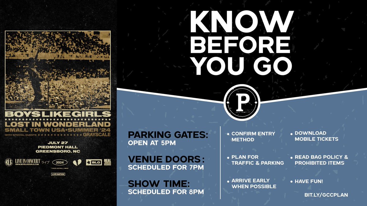 PiedmontHall's tweet photo. ⚠️ Event Information for Boys Like Girls at Piedmont Hall on Saturday, July 27! ⚠️

Tickets: https://t.co/lmQFvr2Jq0 https://t.co/0govpZc6v7