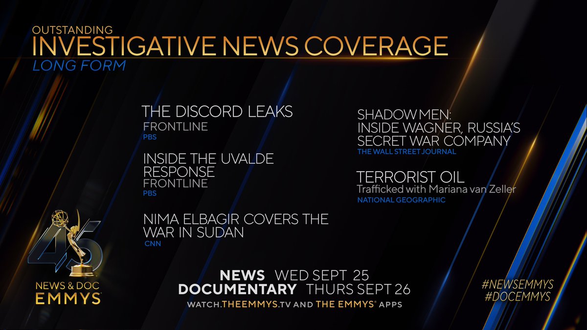 #NewsEmmys Nominees for Investigative News Coverage: Long Form:
- The Discord Leaks (<a href="/PBS/">PBS</a>)
- Inside the Uvalde Response | FRONTLINE
- Nima Elbagir Covers The War in Sudan (<a href="/CNN/">CNN</a>)
- Shadow Men: Inside Wagner, Russia's Secret War Company (<a href="/WSJ/">The Wall Street Journal</a>)
- Terrorist Oil | <a href="/MarianaVZ/">Mariana van Zeller</a> (@natgeo)