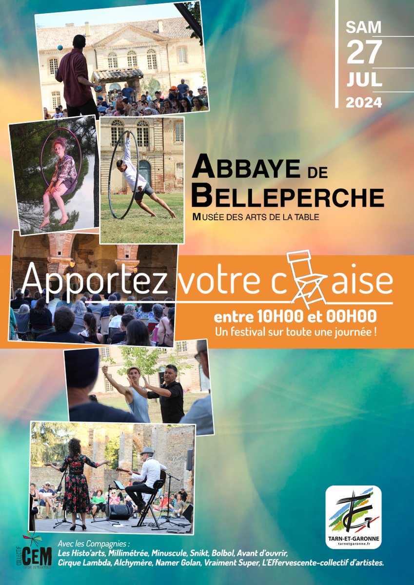 > 𝐀p𝐩o𝐫t𝐞z v𝐨t𝐫e c𝐡a𝐢s𝐞 <
Nous vous convions, le 𝐬𝐚𝐦𝐞𝐝𝐢 𝟐𝟕 𝐣𝐮𝐢𝐥𝐥𝐞𝐭, à une journée dédiée au spectacle vivant à l'Abbaye de Belleperche (82).

Programme complet >calameo.com/read/007031259…
Restauration &amp; buvette sur place
Tout public / Gratuit sans réservation