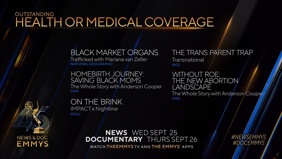 #NewsEmmys Nominees for Health or Medical Coverage:
- Black Market Organs | <a href="/MarianaVZ/">Mariana van Zeller</a> (@natgeo)
- Homebirth Journey: Saving Black Moms (<a href="/CNN/">CNN</a>)
- On the Brink (<a href="/hulu/">Hulu</a>)
- The Trans Parent Trap | Transnational (<a href="/VICE/">VICE</a>)
- Without Roe: The New Abortion Landscape | <a href="/andersoncooper/">Anderson Cooper</a>