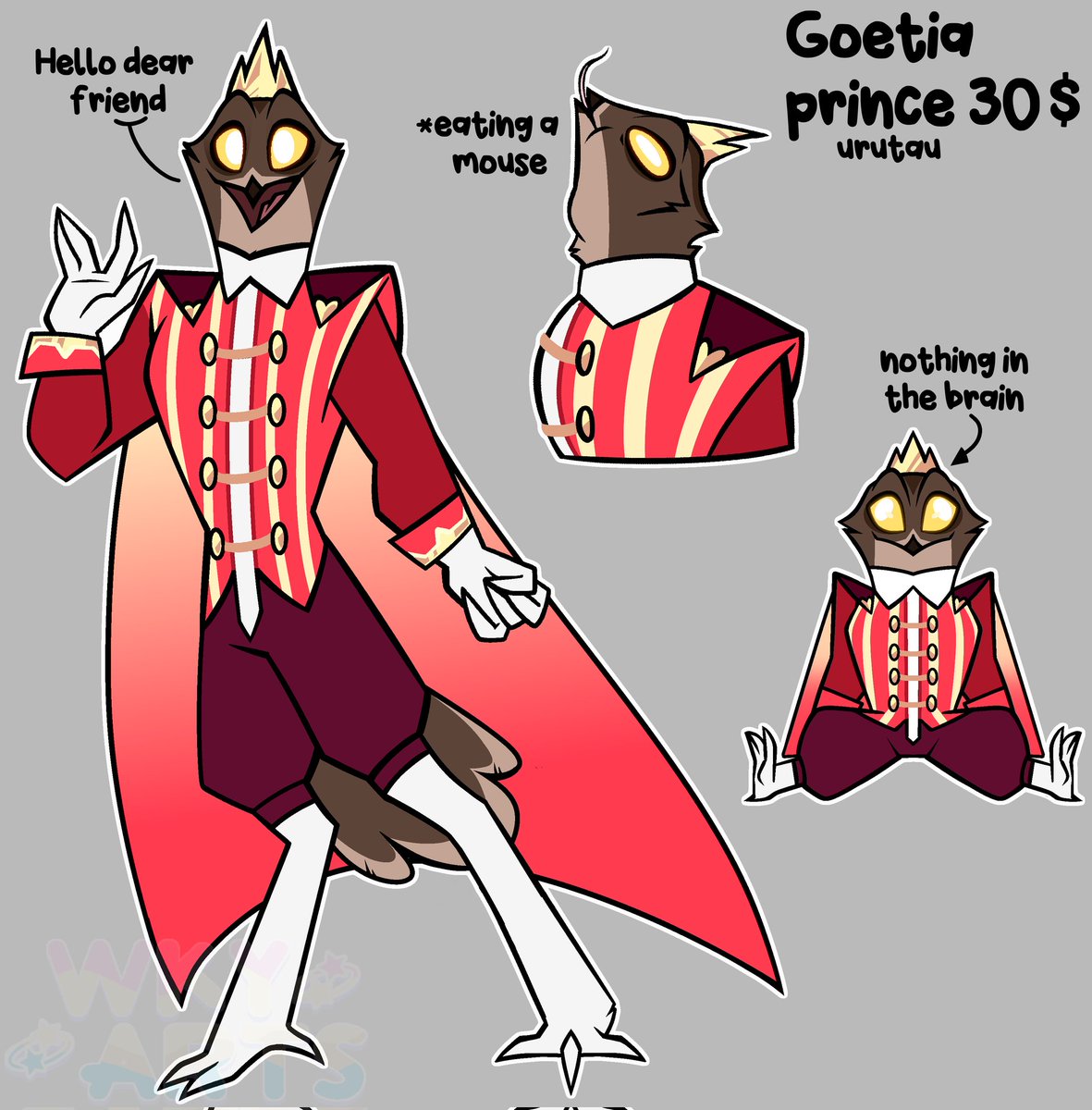 Wkydarts's tweet photo. Royalty Goetia Adopt 1/2
cassowary and Urutau
-only paypal
-update in comments
🙏🙏🙏please share i will appreciate it🙏🙏🙏
#hazbinhotel #helluvabossstolas #helluvabossoc #helluvaboss #Helluvabossstella #helluvaadopt #vivziepop #helluvabossgoetia https://t.co/5XKUUAlbrl