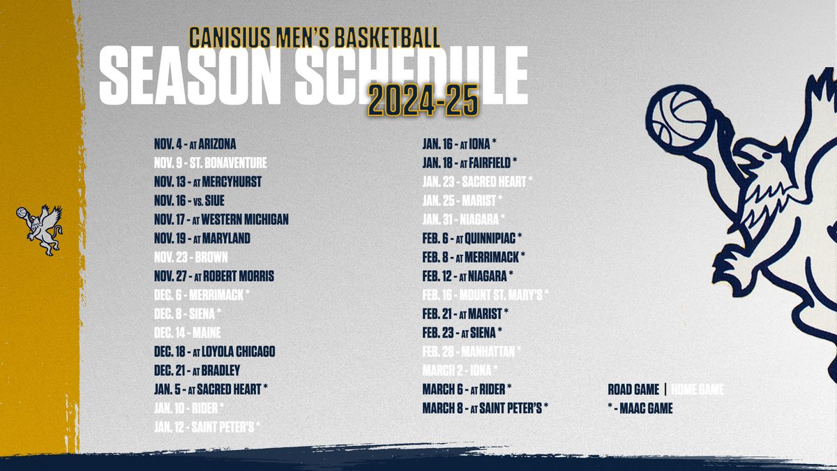 The #Griffs 2024-25 schedule has been released!

The 31-game slate opens up Nov. 4 at Arizona.

Full Release:
📰 - tinyurl.com/3m8j2cmr

Schedule:
📆 - tinyurl.com/2539x32c

Buy/Renew Season Tickets:
🎟 - tinyurl.com/5n8pkb4w

#MAACHoops