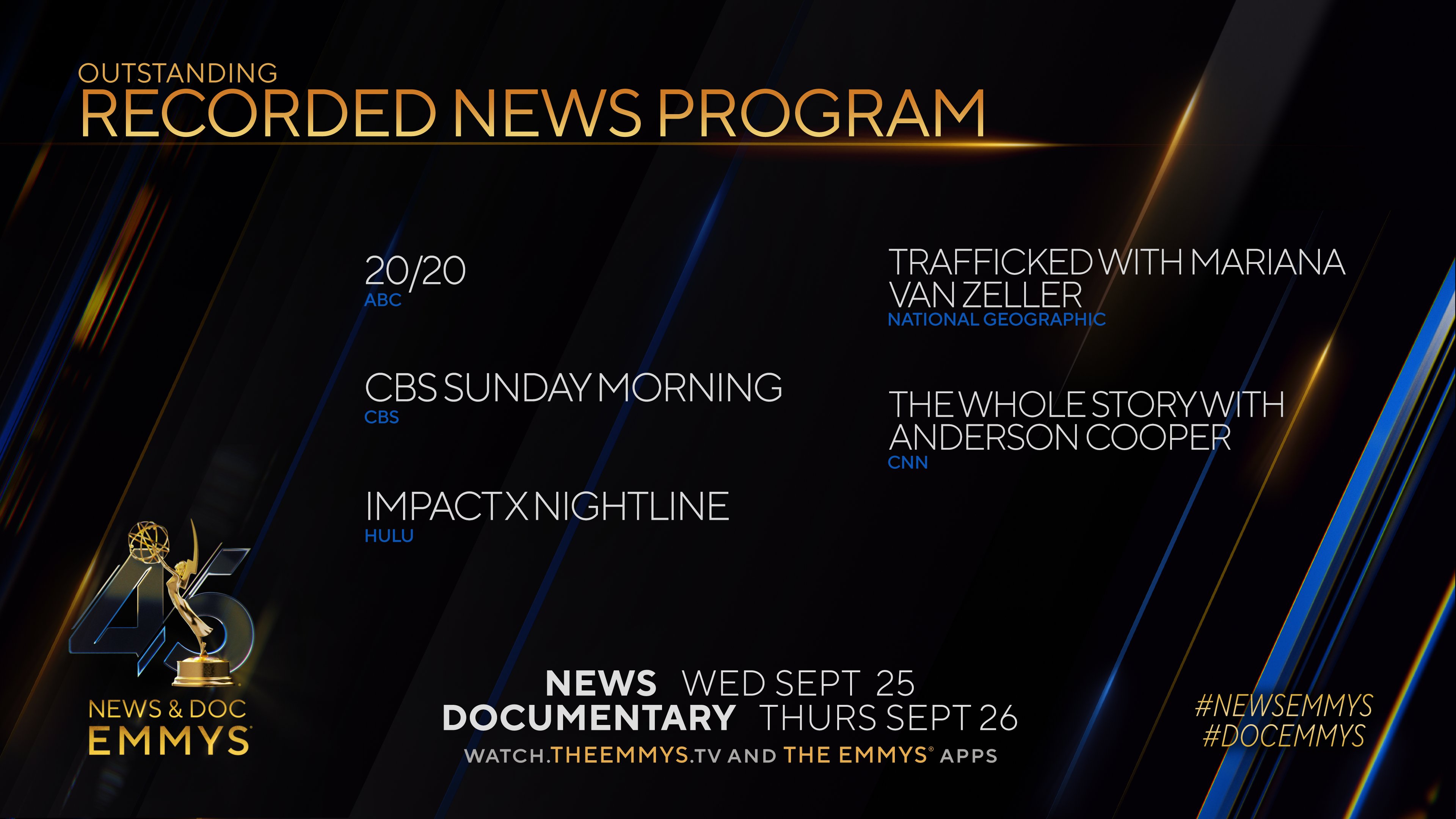 News Documentary Emmys on X The NewsEmmys Nominees for Recorded News Program are 20 20 ABC2020 ABC CBSSunday Morning CBS IMPACT x Nightline hulu Trafficked with MarianaVZ natgeo