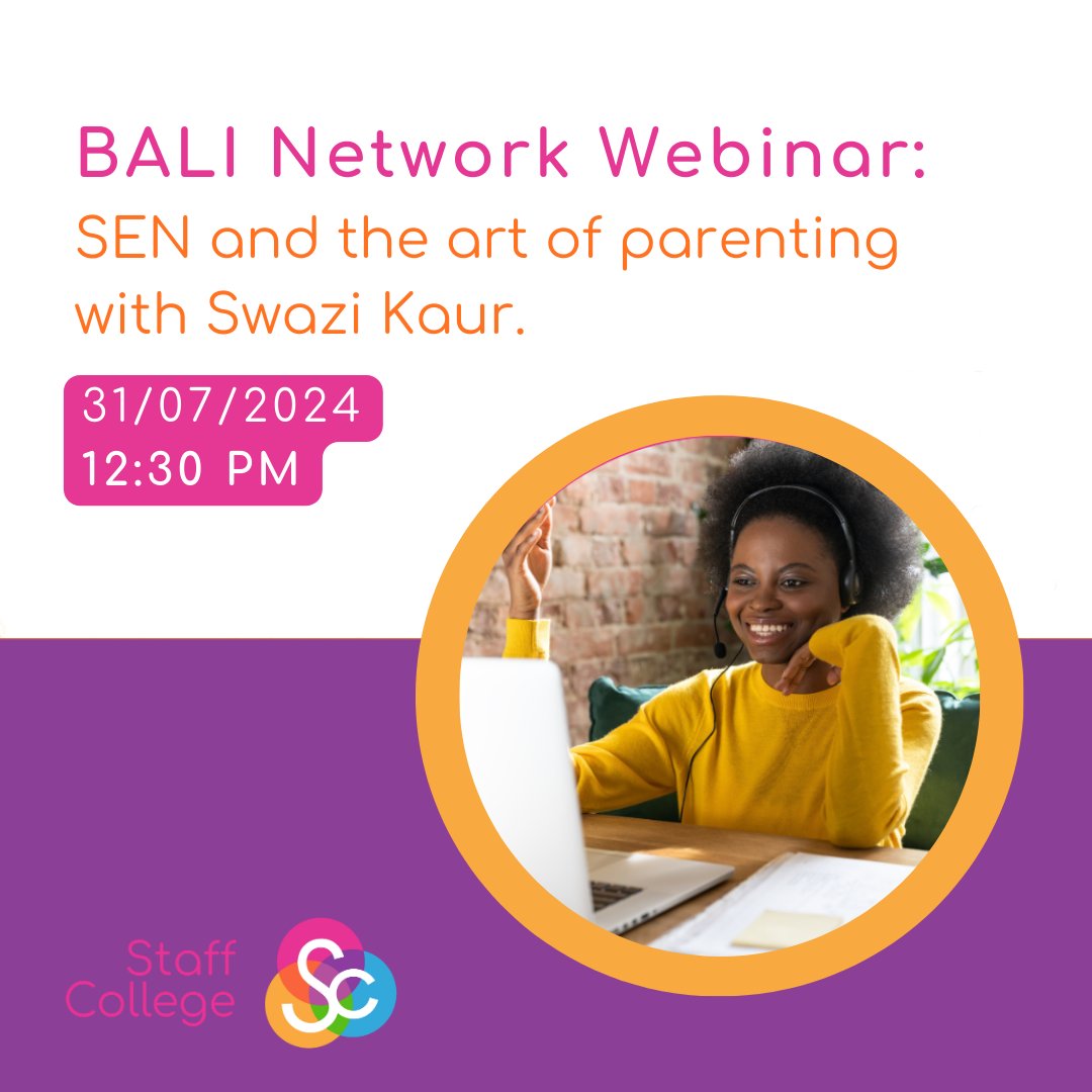 Join our BALI Network Webinar on 31/07!
Join us for a session with Swazi Kaur, an advocate for equality and single parent to SEN teens. She'll share her journey and insights on parenting SEN children.
Sign up: thestaffcollege.uk/programmes/bla…
#BALINetwork #SENParenting #LeadershipInAction
