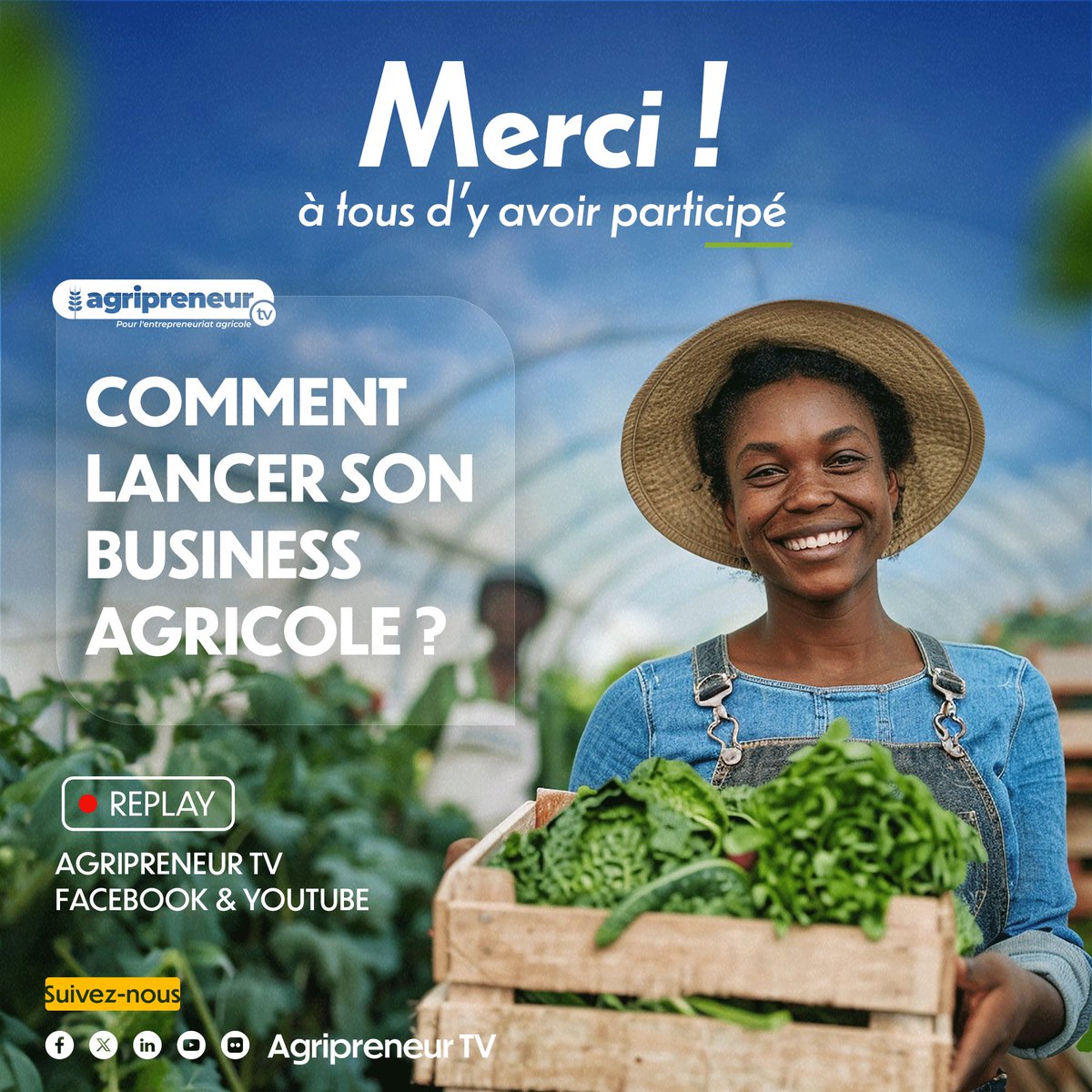 MERCI à tous pour ce 1er webinaire "Comment lancer son business agricole ?" ! Votre engagement a été exceptionnel. 

Un grand merci à nos panélistes Dr. Diallo, M. Sidibé, Awa Caba, et Dr. Okole pour leurs contributions. 

📌Rendez-Vous en Août pour le prochain webinaire.