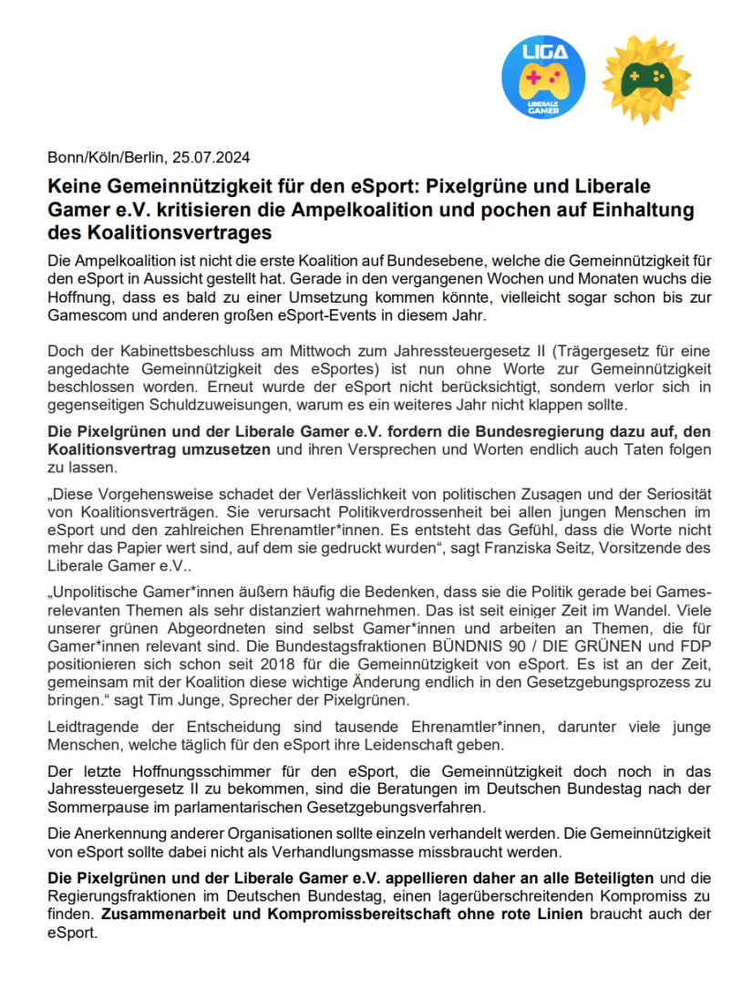 LiberaleGamer's tweet image. Gemeinsames Statement der @pixelgruene und uns zur Entscheidung der Bundesreg. die Gemeinnützigkeit nicht in den Entwurf des Jahressteuergesetz II aufzunehmen, sondern Verantwortung auf das parlamentarische Verfahren abzuwälzen. Wir pochen auf Einhaltung des Koalitionsvertrages!