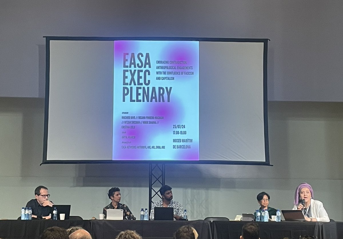 #EASA2024 Plenary conversation with <a href="/NitzanShoshan/">Nitzan Shoshan</a>, Naisargi Dave, Mihir Sharma and Cristina Cielo. On the confluences between fascism and capitalism