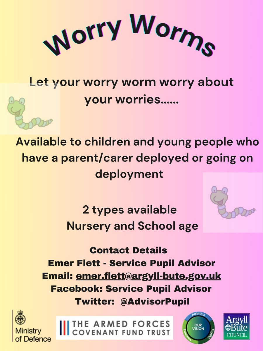 I have the following resources for families who have a loved one deployed or about to be deployed.
4 x Deployment Sacks 
Open When Letters Pack of 5 or 10 
A small supply of Worry Worms 
If you are interested please email me on emer.flett@argyll-bute.gov.uk