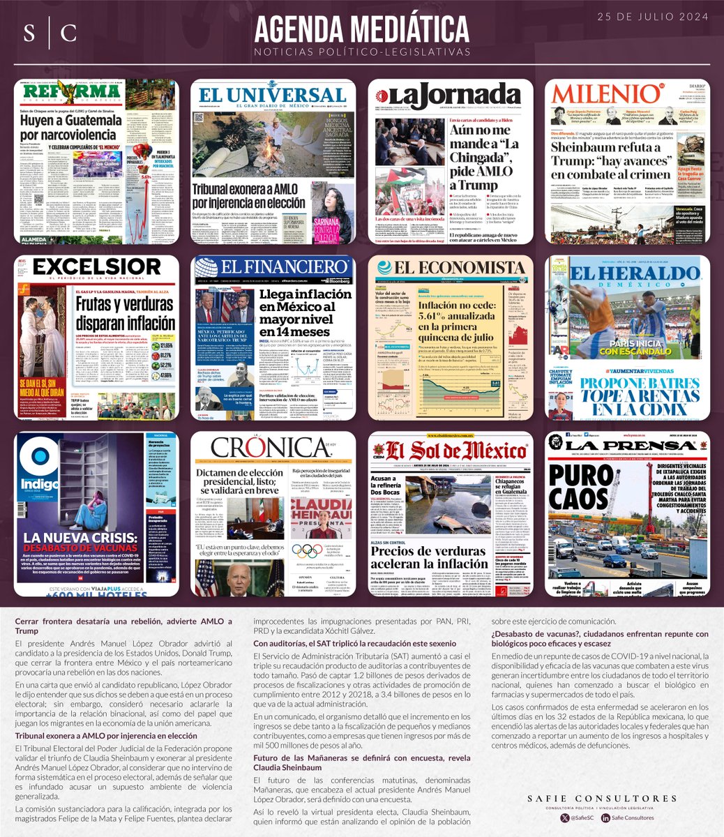 📰 #SafieConsultores te presenta el análisis de la agenda mediática de hoy. Descubre las tendencias y temas clave que están marcando la conversación nacional.

#PrimerasPlanas #PolíticaNacional

💻 mailchi.mp/safieconsultor…