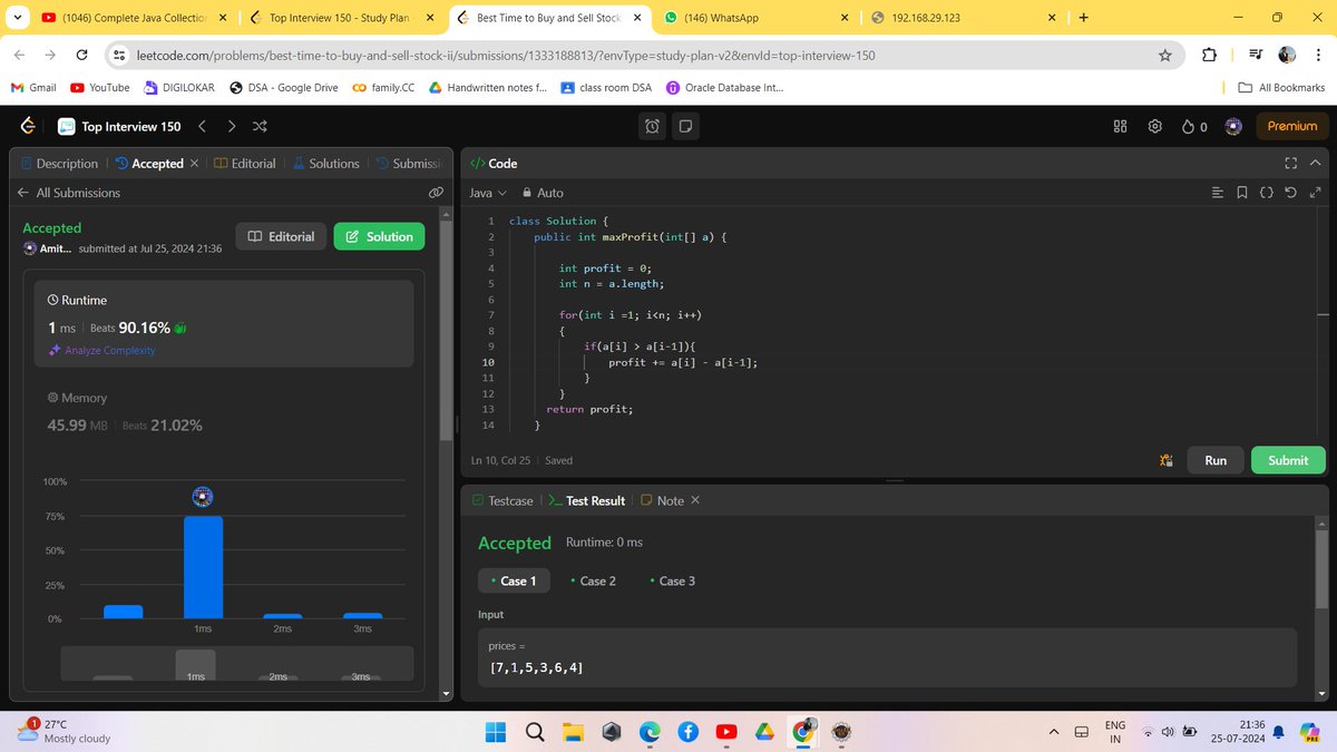 AmitVaghela777's tweet photo. "Day 11 of the #100DaysOfCode challenge! Solved LeetCode problem 122 today. It was straightforward since I've tackled similar problems before. Thanks for the support! Excited to continue this journey. #DSA #LeetCode #Edslash" https://t.co/iLQpRXau3s