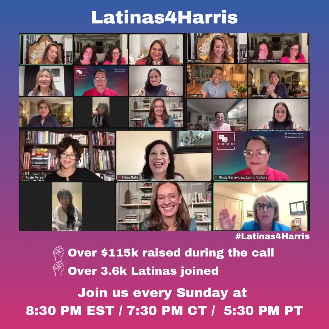 PODERPAC's tweet image. What a powerful call last night! Thank you all for attending. Over 3,600 Latinas participated, and together we raised $115k for Kamala! 👏 This is only the beginning. Join us this Sunday at 8:30 PM EST / 7:30 PM CT / 5:30 PM PT. #Latinas4Harris