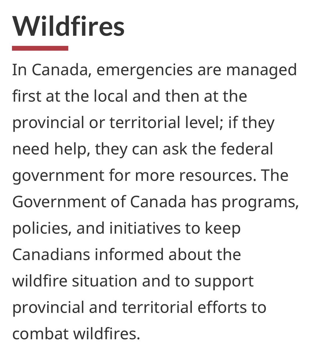 I’ll leave this here for anyone who isn’t sure who’s responsible for Wildfires. If provinces need federal assistance, they have to ask for it and long before they lose an entire town. Not after. Danielle Smith is highly incompetent because she knows that. Hold her accountable.