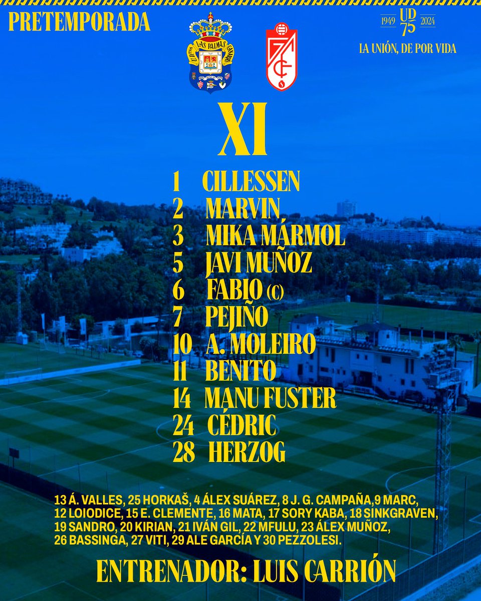 ¡Aquí está nuestro XI para medirnos al <a href="/GranadaCF/">Granada CF ❤️⚪️</a>!

⏱️ 18:00h.c.
📺 bit.ly/4fjLxtO | <a href="/RTVCes/">RTVC</a>
📻 udlaspalmas.es/udradio

#PretemporadaUD #LasPalmasGranada #PíoPío #75AniversarioUD #LaUniónHaceLasPalmas #LaUniónDePorVida