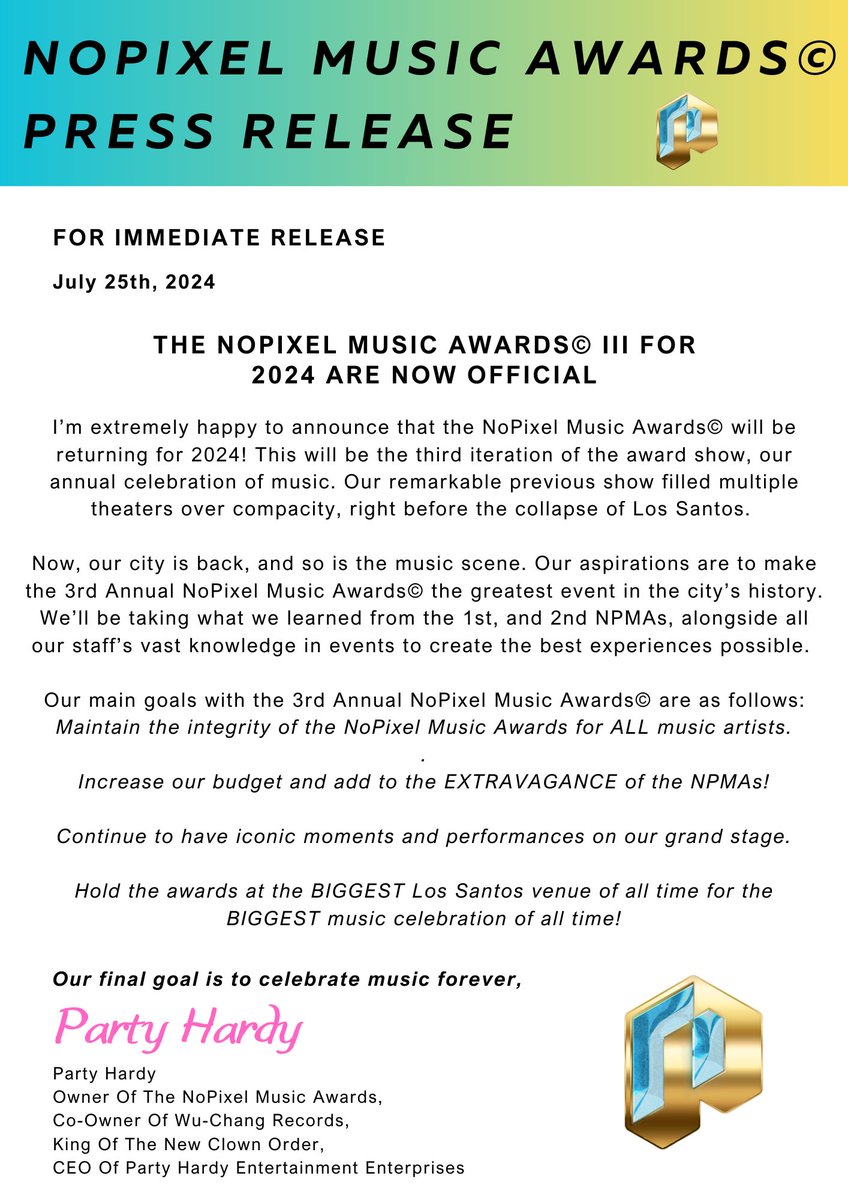 WetbowTheWet's tweet image. The #NoPixel Music Awards are officially returning for 2024! This is only possible from all of the incredible music artists and every single one of their supporters. 

Let's make this the greatest celebration of music in the history of the GTA RP world! 🏆💚