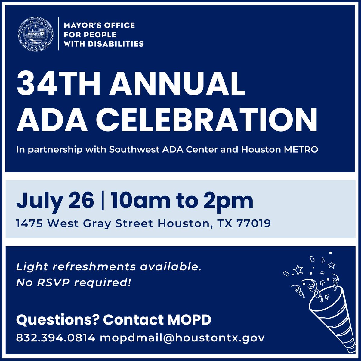 Southwest ADA Center (@southwestada) on Twitter photo Houstonians! Reminder to join us & our cohosts <a href="/MoPD_Houston/">Houston Mayor's Office for People w/ Disabilities</a> <a href="/METROHouston/">METRO Houston</a> <a href="/METROHouAlerts/">METRO Houston Alerts</a> TOMORROW, 7/26/24 at 1475 West Gray West Gray for an #ADA34 Celebration featuring refreshments & snacks!! Houstonians! Reminder to join us & our cohosts <a href="/MoPD_Houston/">Houston Mayor's Office for People w/ Disabilities</a> <a href="/METROHouston/">METRO Houston</a> <a href="/METROHouAlerts/">METRO Houston Alerts</a> TOMORROW, 7/26/24 at 1475 West Gray West Gray for an #ADA34 Celebration featuring refreshments & snacks!!