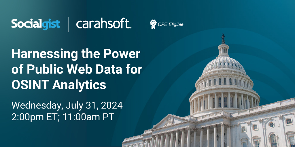Carahsoft's tweet image. Explore the power of @Socialgistcorp in gathering #publicwebdata for #OSINT analytics. On 7/31, learn practical applications of #VKdata in intelligence projects & stay ahead with data-driven insights: carah.io/8df58cc