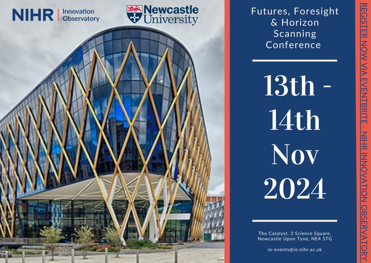 NIHR Innovation Observatory (@nihrio) on Twitter photo 📢We are thrilled to announce our upcoming Futures, Foresight & Horizon Scanning Conference, set to take place on 13th & 14th Novermber, 2024.
📅Mark your calendars and get ready to embark on a journey into the future at <a href="/TheCatalystUK/">The Catalyst</a> , Newcastle-Upon-Tyne.
For details, and 📢We are thrilled to announce our upcoming Futures, Foresight & Horizon Scanning Conference, set to take place on 13th & 14th Novermber, 2024.
📅Mark your calendars and get ready to embark on a journey into the future at <a href="/TheCatalystUK/">The Catalyst</a> , Newcastle-Upon-Tyne.
For details, and