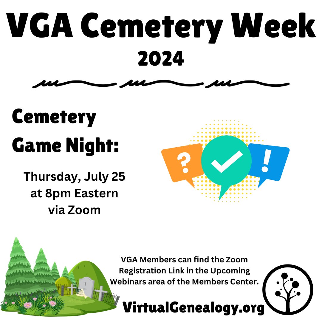 VGA Members: Game Night TONIGHT, July 25th at 8pm Eastern! Prizes for the winners!!🥇

The Zoom Registration Link can be found in the Upcoming Webinars area of the Members Center: virtualgenealogy.org/login/