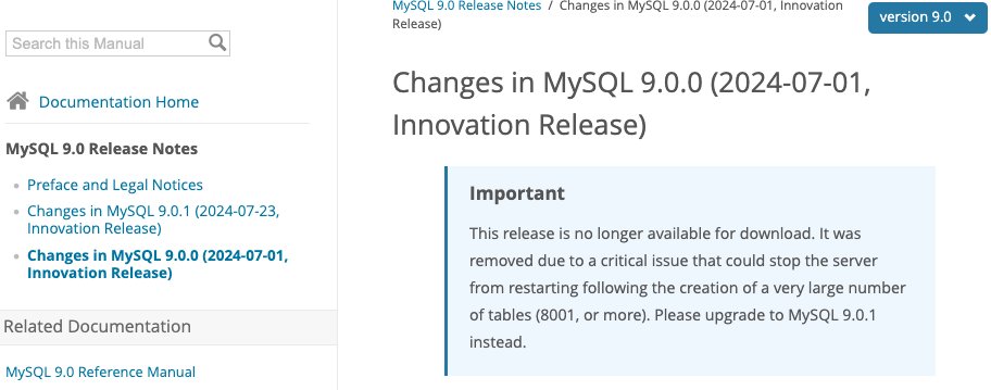Chuyqa's tweet image. If you were brave enough to try mysql 9 on GA (It added JS for Stored Procedures and a Vector DB).. You might want to take that 9.0.1 update before you end up shit out of luck on a restart 😩