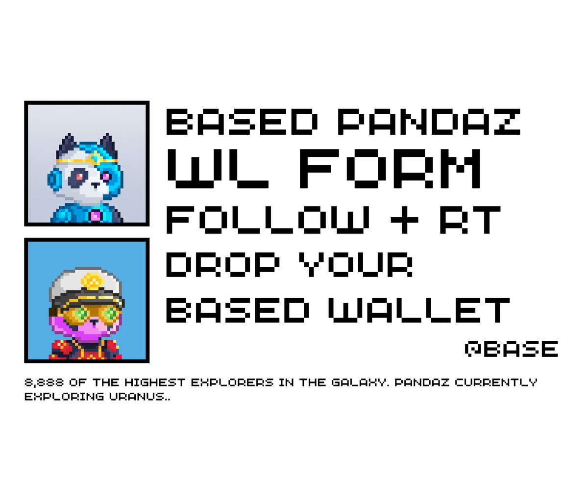 Just a bunch of Pandaz on @Base
....mint soon 💥 

Be sure to fill out the form below⤵️
📣docs.google.com/forms/d/e/1FAI…

♻️RT + 💙LIKE + 💬 WALLET
#base #BaseChain ⤵️