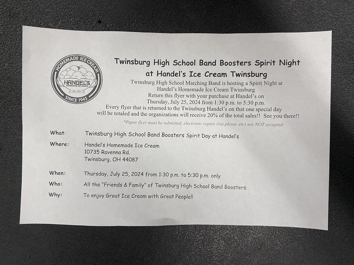 TBurgTigerBands's tweet photo. Additionally, tonight is a Dine-Out for our Band Program!

Stop by Handel's between 1:30 and 5:30 TODAY, and show this flyer. Sales proceeds go towards our awesome @TburgBandBoosts!

Come grab some ice cream!

@theTwinsburgHS https://t.co/UKAEzq02Q0