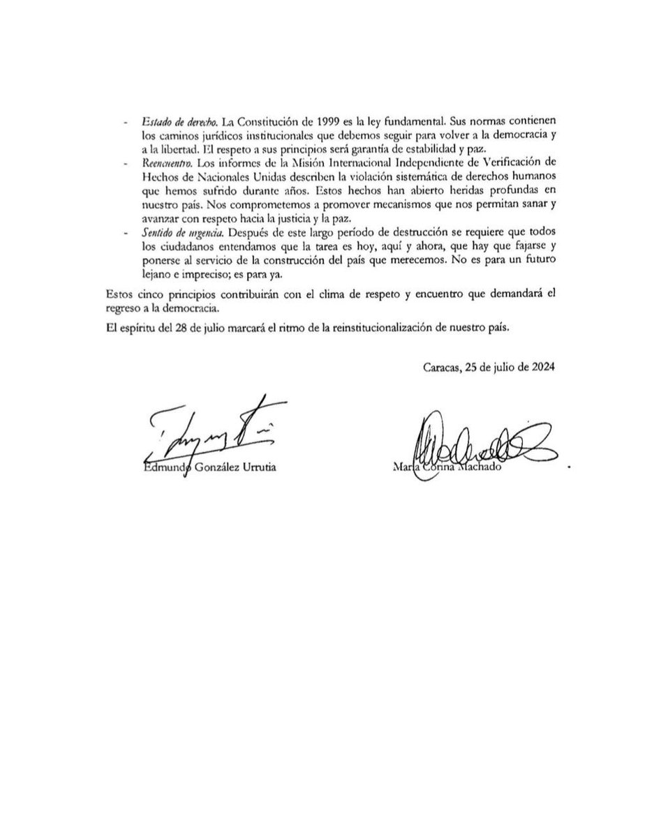 EdmundoGU's tweet photo. Hoy firmamos un documento histórico: “El espíritu del 28 de julio”. 

Libertad, unidad, consenso, civilidad, Estado de Derecho, reencuentro y sentido de urgencia son los 7 principios que nos guían en la democratización de Venezuela.

Faltan sólo 3 días.

@MariaCorinaYA 
@unidadvenezuela