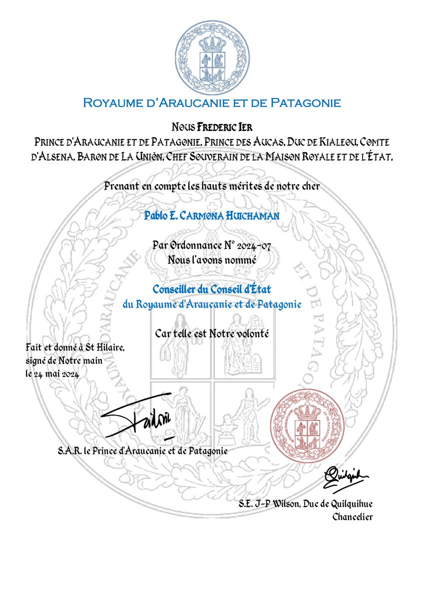 APchancellerie's tweet photo. La Chancellerie a le plaisir d'annoncer la nomination d'un nouveau Conseiller d'Etat auprès du Royaume d'Araucanie et de Patagonie : Monsieur Pablo Carmona Huichaman. https://t.co/g8KsBozNFI