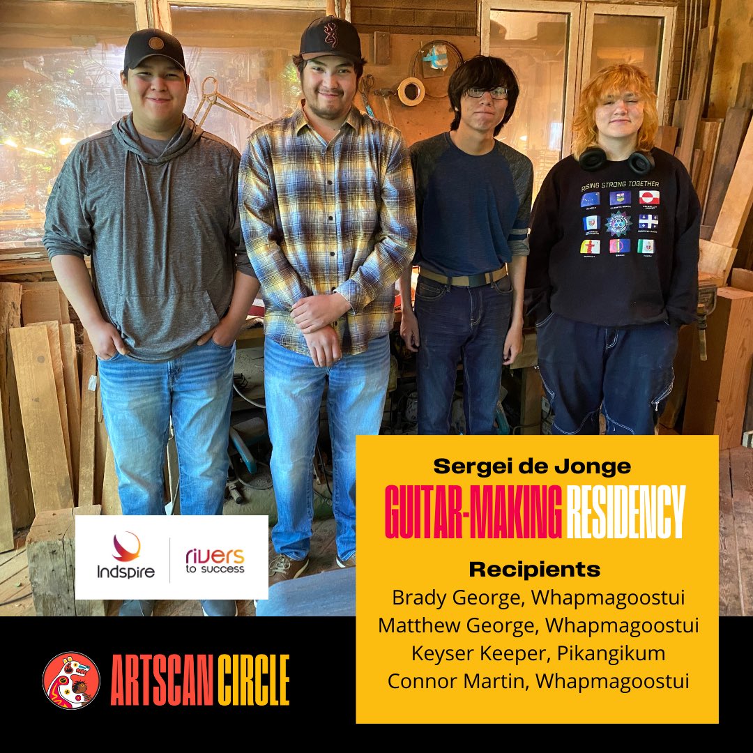 artscancircle's tweet photo. Congratulations to the recipients of the Guitar-Making Residency under the mentorship of Sergei de Jonge.

This Residency is supported &amp; funded by Indspire’s River to Success Program &amp; William-Grit Laskin.
#ArtscanCircle #Indspire #TheGuitarProject #guitamaking #luthier https://t.co/q7pMLXglJF
