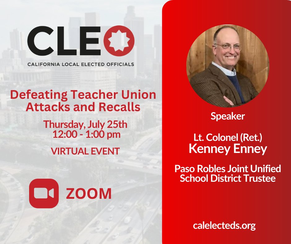 Please join us virtually today from Noon-1pm PT for a discussion with Marine Lt. Col. (Ret.) Kenney Enney, a Paso Robles Joint Unified School District Trustee on defeating teacher union attacks &amp; recalls.

Registration link in replies.